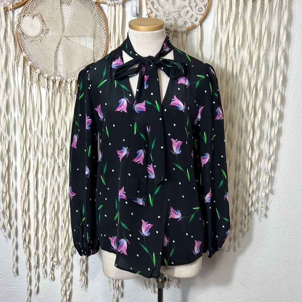 RIXO Black Blouse with Pink and Purple Floral Design